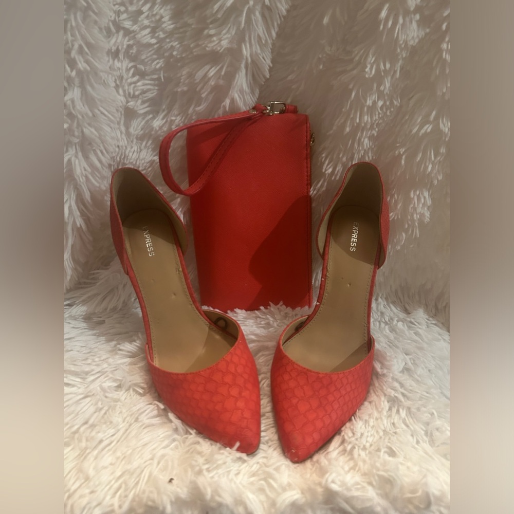 Coral snakeskin print heels